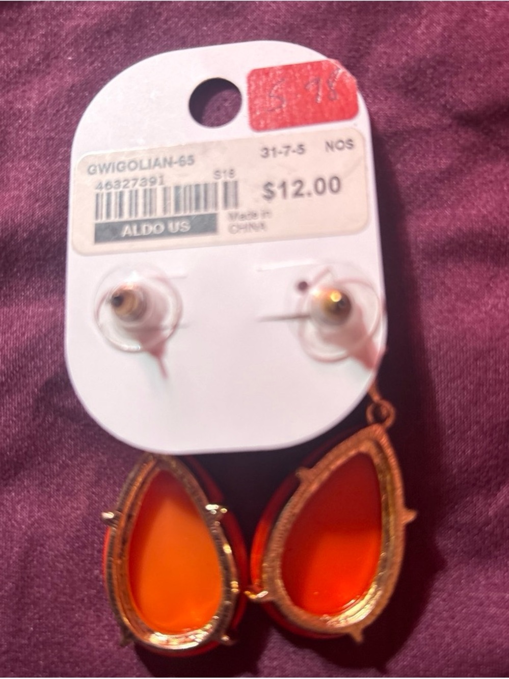 Aldo Orange and Gold Teardrop Dangle Earrings